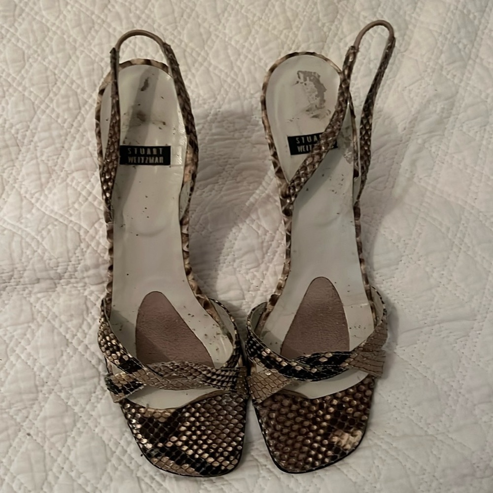 Stuart Weitzman black and white faux strappy snakeskin heels.